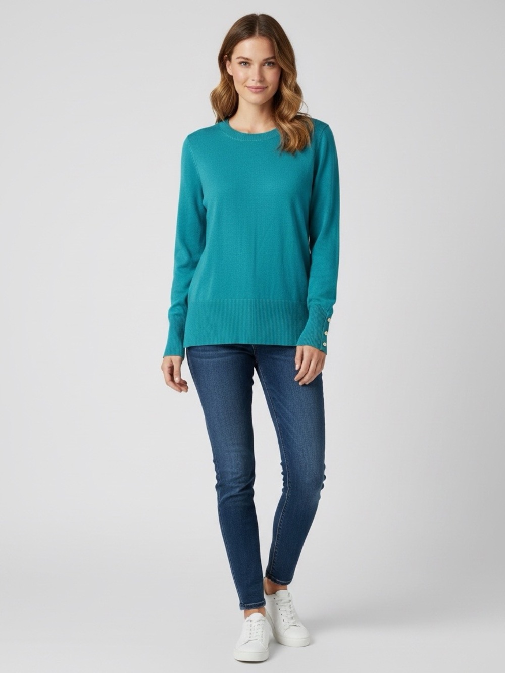 Loft Teal Crewneck sweater features distinct gold button details on the cuffs.
